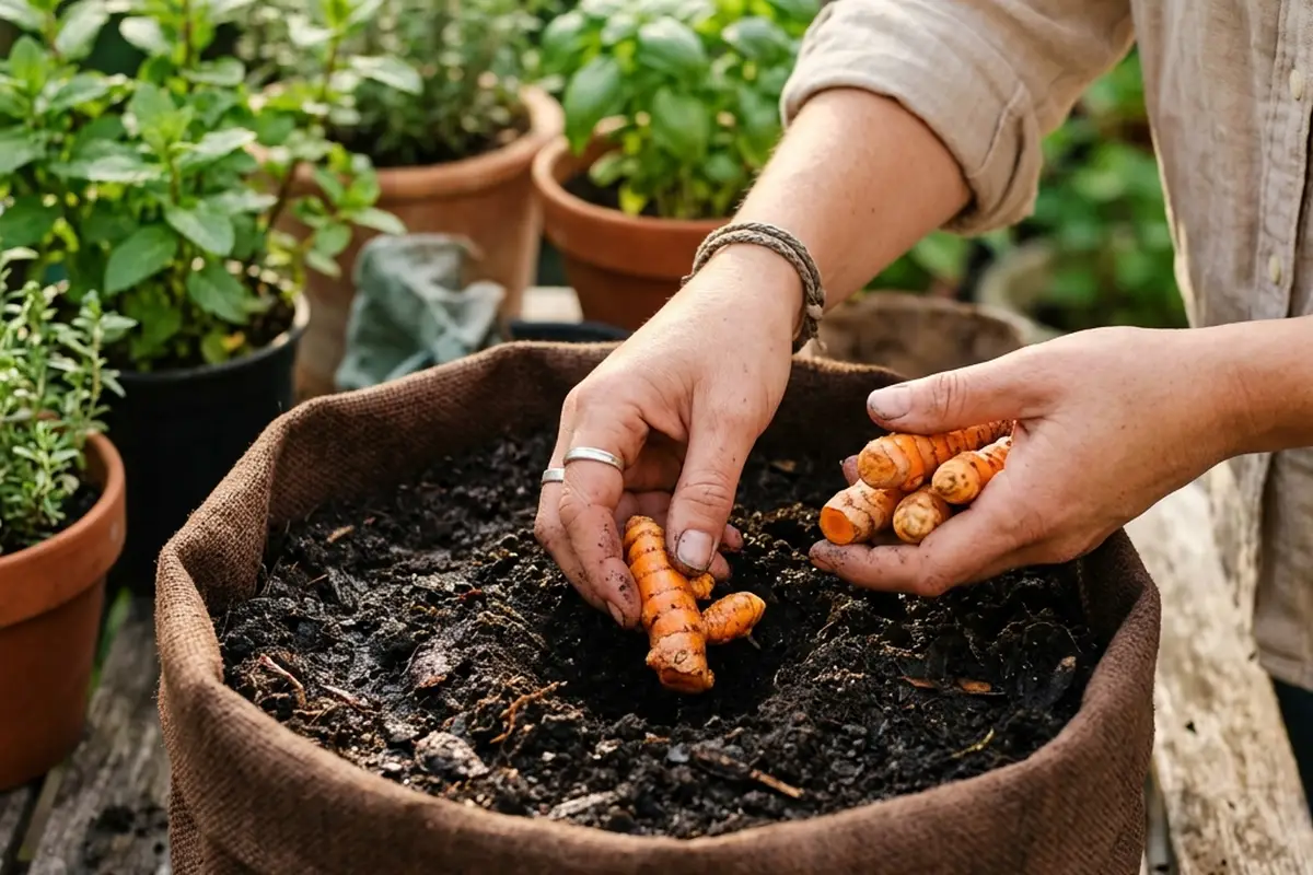 Mão plantando rizomas de cúrcuma (açafrão-da-terra) em terra preta rica de um vaso
