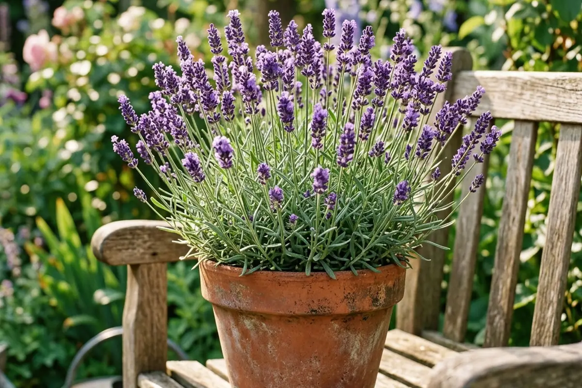 Vaso de terracota clássico com uma planta de lavanda florida com flores roxas vibrantes