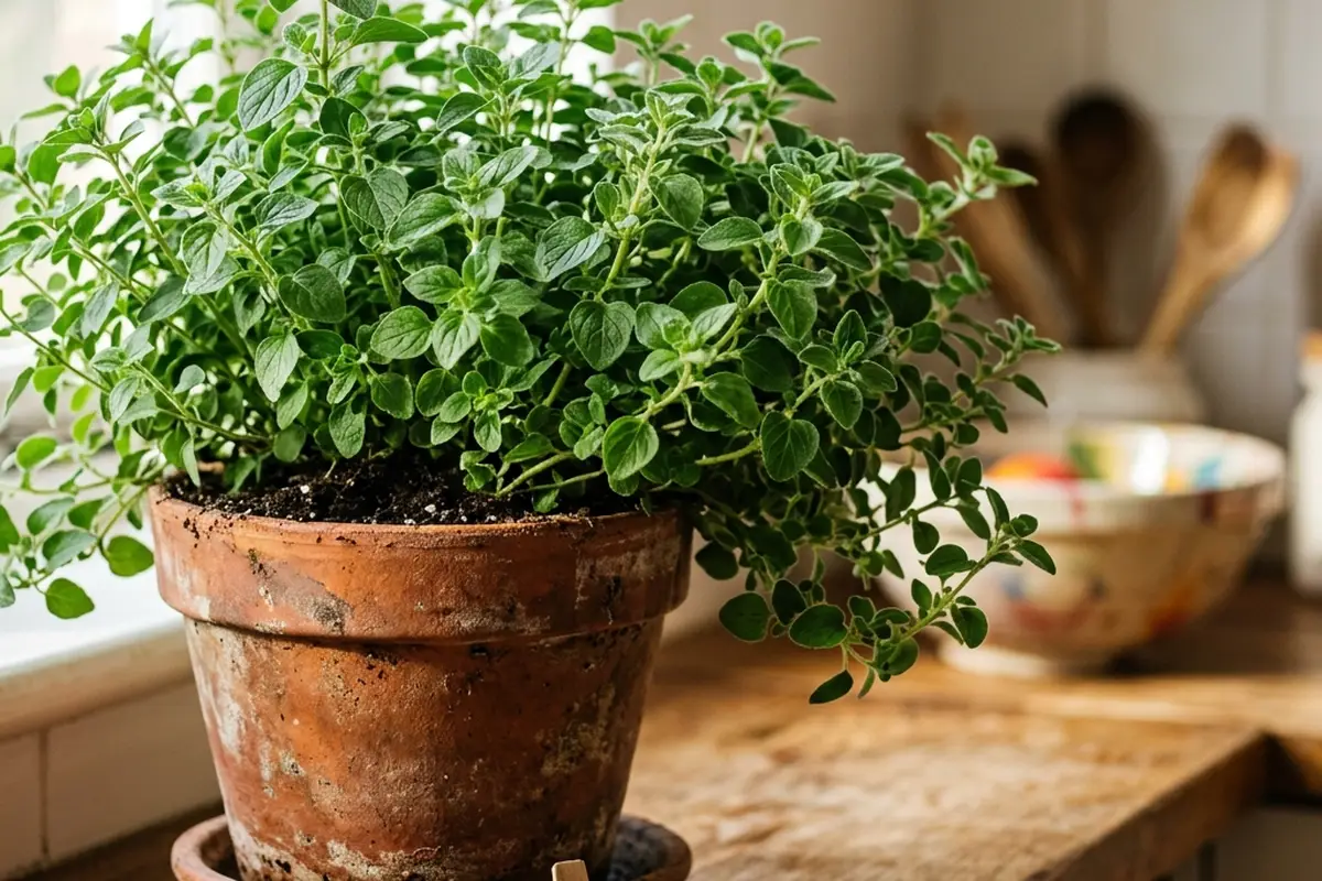 Vaso de terracota rústico com pé de orégano verde e saudável sobre prateleira de madeira